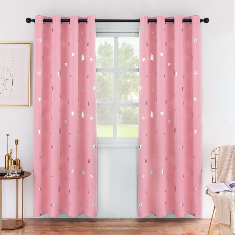 Anjee Blackout Curtains for Girls Bedroom 63 Inches Long Kids Star Foil Print Window Pink Curtains Thermal Insulated Room Darkening Drapes Nursery Decor 2 Panels, Baby Pink 52x63 Inches - Image 1